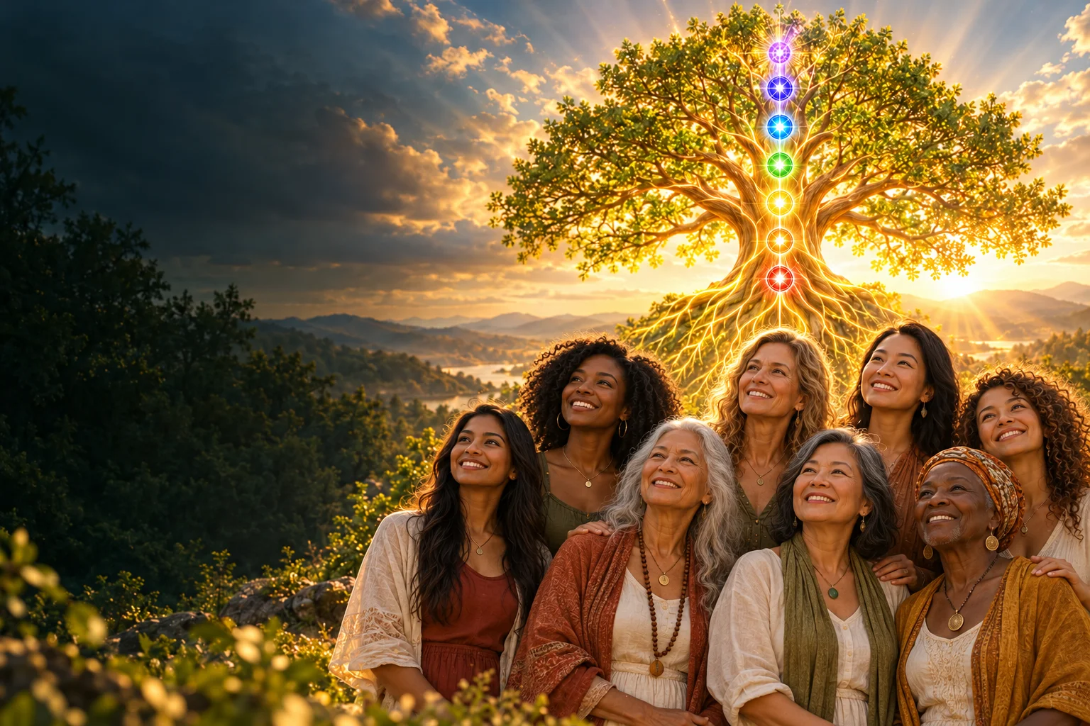 Women of diverse ages and racial backgrounds gathered in golden light beneath a luminous tree, looking ahead with hope