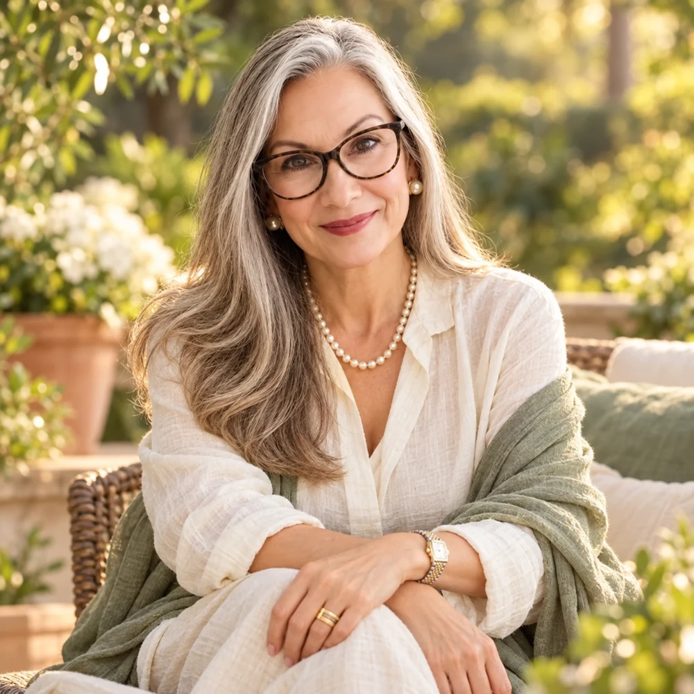Dr. Madelaine Gomes seated in a sunlit garden, wearing cream and sage
